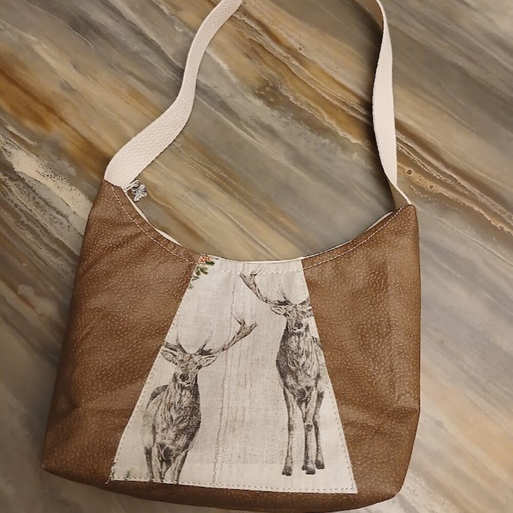 New Vinyl Floral Deer Top handle ShoulderBag Purse Brown Ivory Crescent Baguette